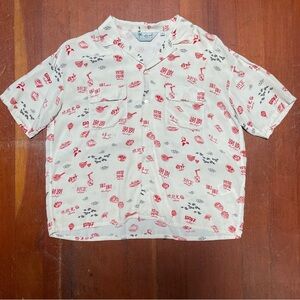 Women's Graphic Print Button Down Shirt - Red and White